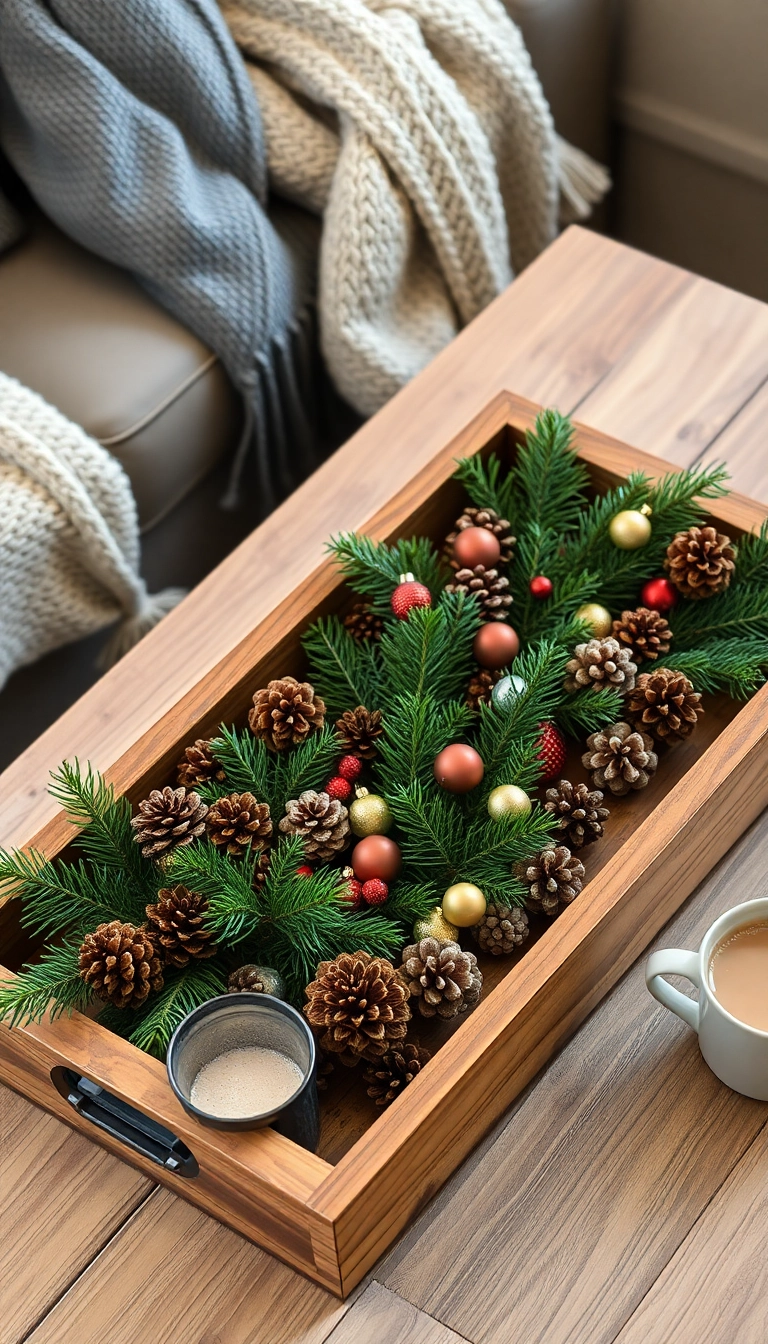 21 Christmas Coffee Table Decor Ideas That Will Have Your Guests Raving! - 1. Rustic Wood and Pinecone Centerpiece