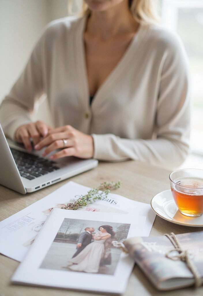 Frau sitzt am Laptop und vor ihr sind die Checklisten für die Hochzeitsplanung