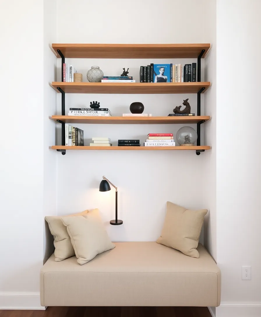 15 Space-Saving Small Reading Nooks You'll Wish You Discovered Sooner! - 5. Floating Shelf Retreat