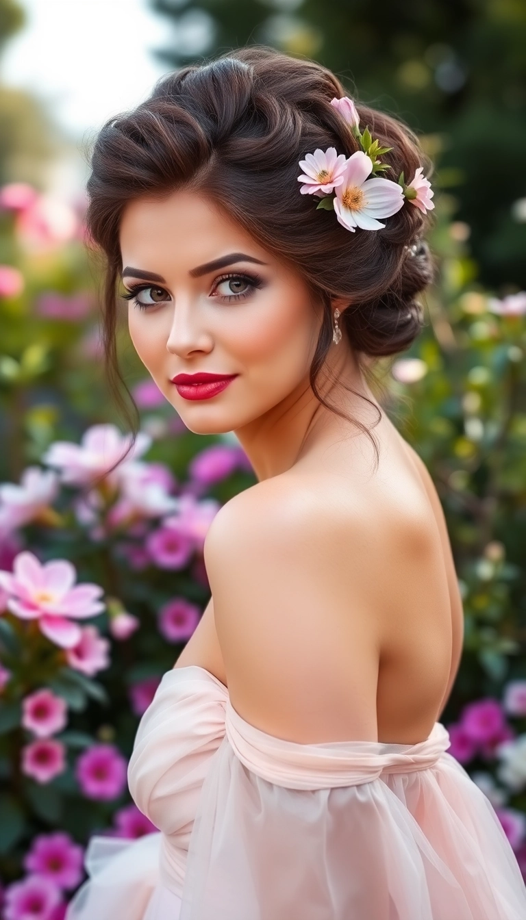 22 Chic Medium Hairstyles for the Mother of the Groom You Won't Believe Exist! - 16. Romantic Updo with Flowers