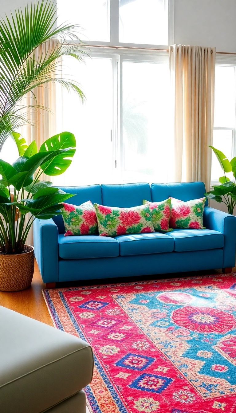 14 Coastal Blue Couch Living Room Ideas That Will Bring the Beach to Your Home! - 4. Tropical Escape