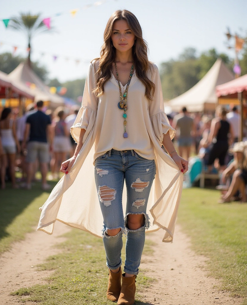 12 Boho Chic Outfits That Will Make You the Star of Every Festival (You Won't Believe #5!) - 10. Ripped Jeans with a Flowing Tunic