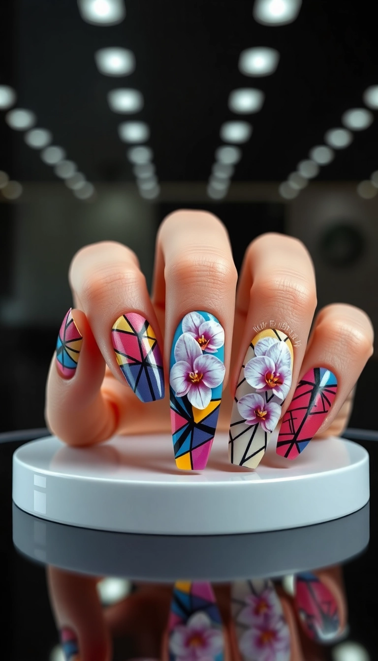 23 Stunning Orchid Nail Designs That Will Make Your Friends Jealous! - 7. Geometric Orchid Fusion