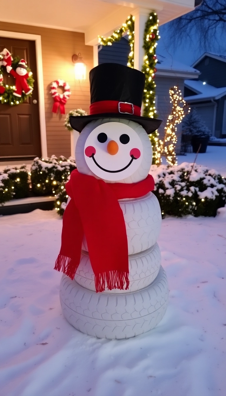 21 DIY Outdoor Christmas Decorations That'll Make Your Neighbors Jealous! - 4. Snowman Made from Old Tires