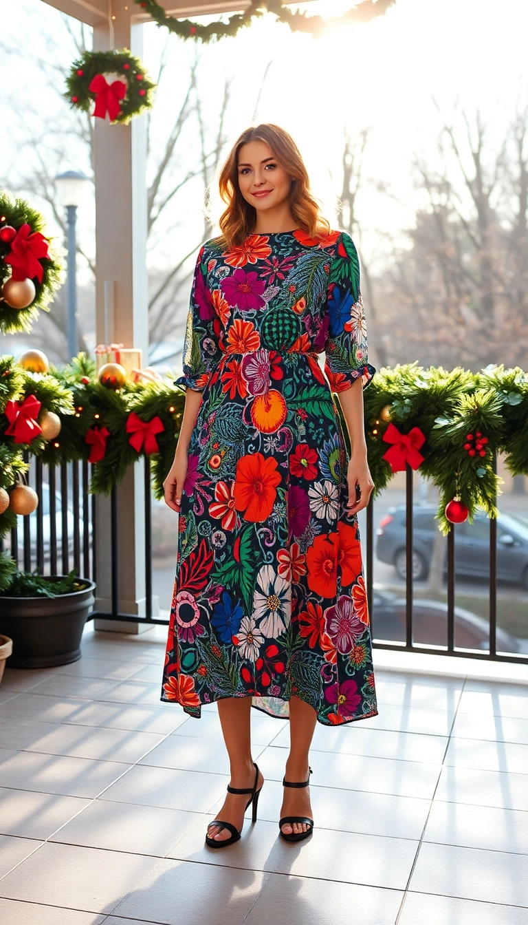 15 Festive Xmas Outfits for Women That'll Make You the Star of the Party! - 11. Bold Printed Midi Dress