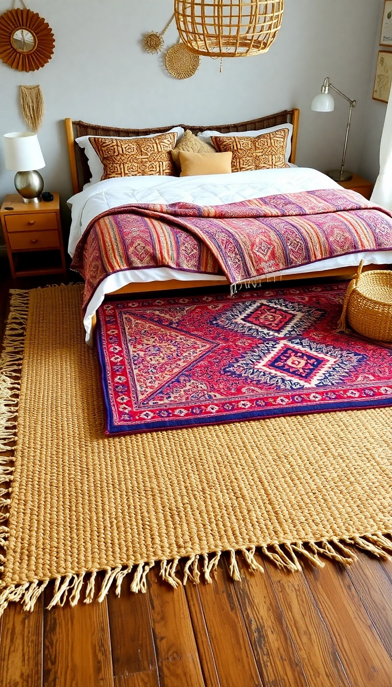 21 Cozy Boho Bedroom Ideas That'll Make You Feel Like You’re on a Permanent Vacation! - 12. Layered Rugs