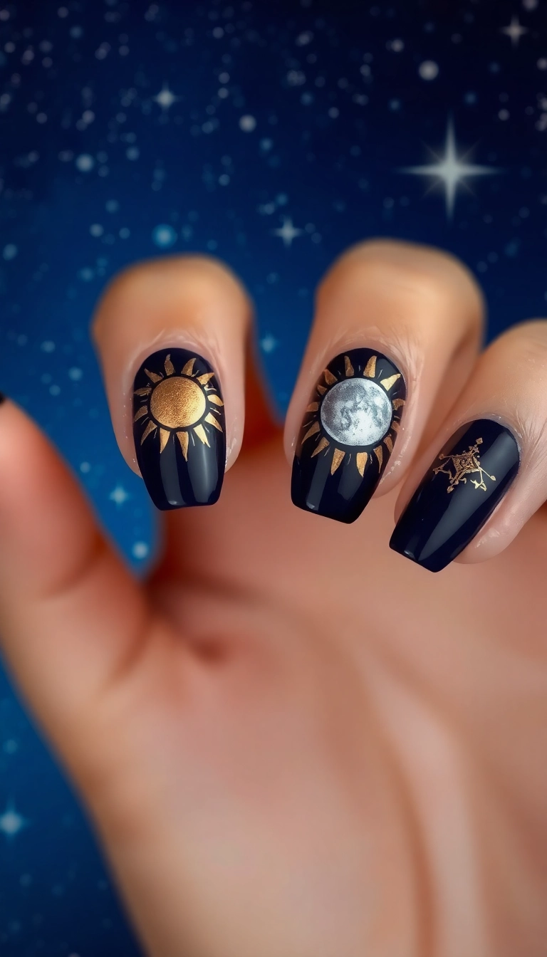 20 Stunning Boho Nail Ideas That Will Make You the Trendsetter of Your Squad! - 8. Sun and Moon Motifs