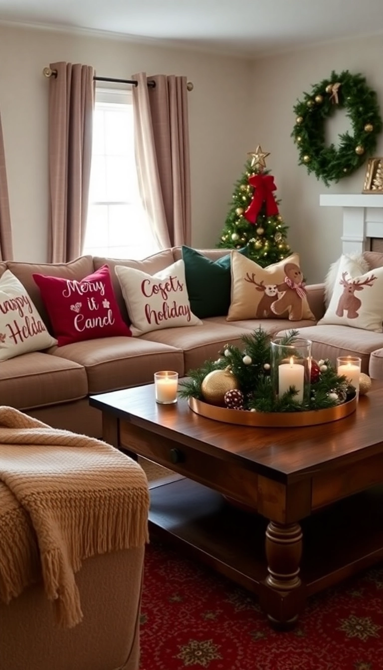 21 Christmas Coffee Table Decor Ideas That Will Have Your Guests Raving! - 17. Holiday-Themed Pillow Accents