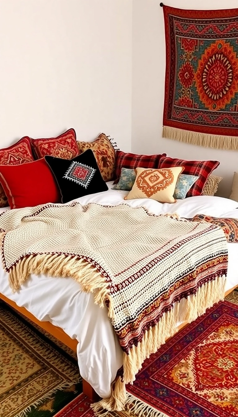 21 Cozy Boho Bedroom Ideas That'll Make You Feel Like You’re on a Permanent Vacation! - 10. Artistic Textiles