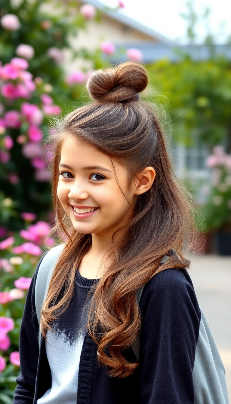 21 Cute and Easy Hairstyles for School That Will Make You the Trendsetter! - 18. Wavy Half-Up Top Knot