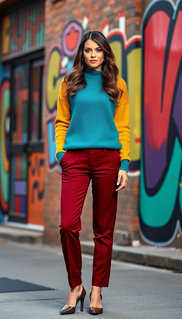 20 Trendy Thanksgiving Outfit Aesthetic Inspirations That Will Elevate Your Fall Wardrobe! - 14. Vibrant Color-Blocked Outfit