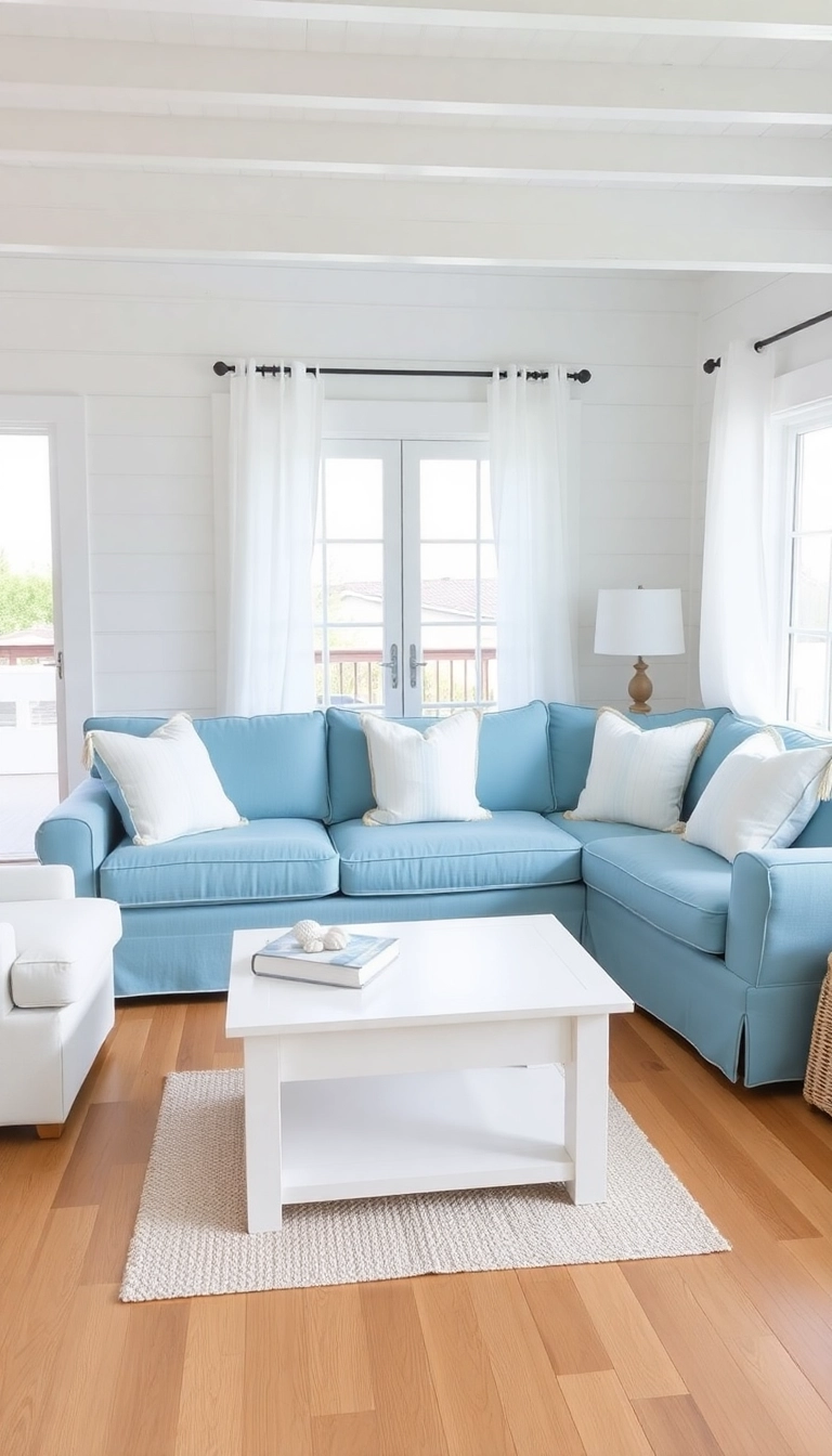 14 Coastal Blue Couch Living Room Ideas That Will Bring the Beach to Your Home! - 6. Whitewashed Wonderland