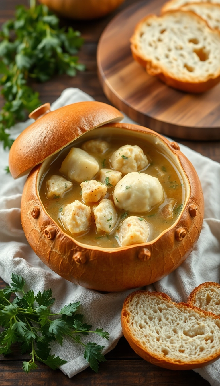 21 Chicken and Dumpling Soup Ideas That Will Warm Your Heart (And Your Belly!) - 9. Chicken and Dumpling Soup in a Bread Bowl