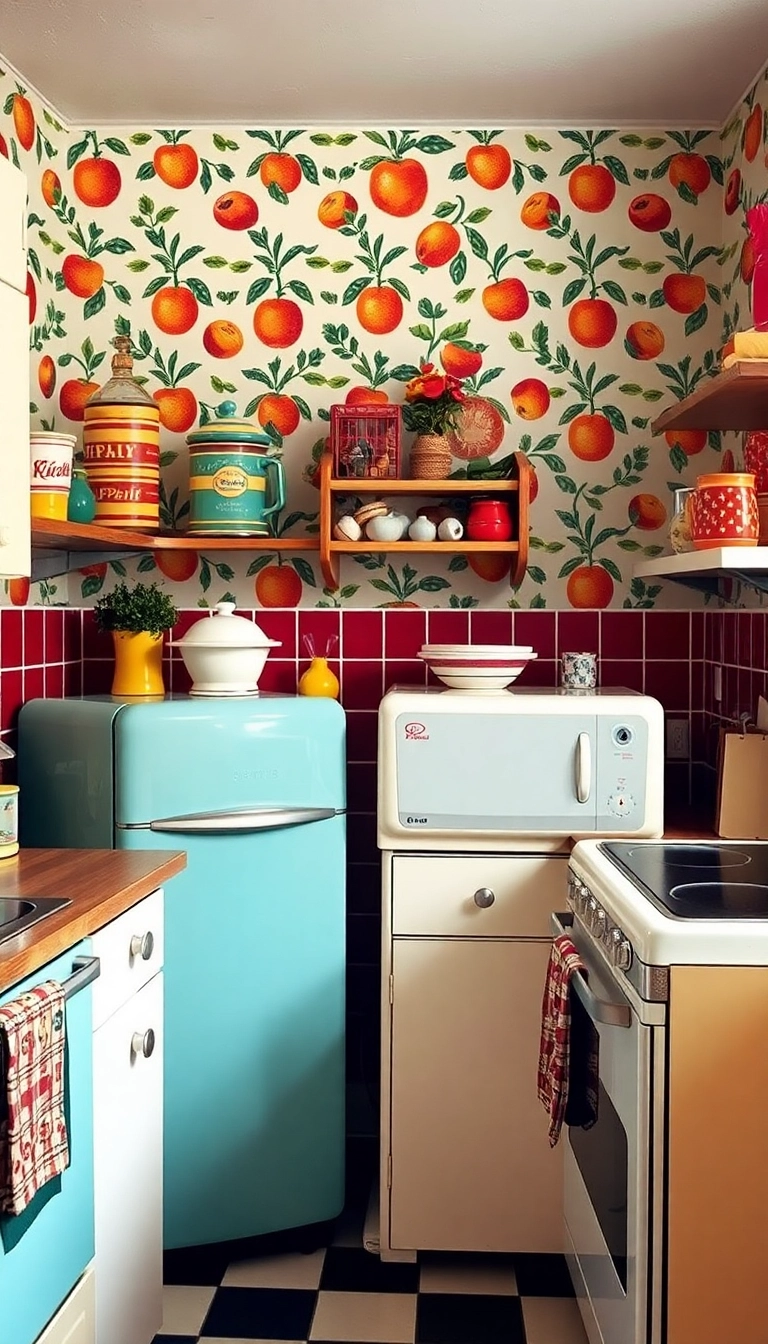 19 Vintage Kitchen Ideas That’ll Transport You Back in Time (Don’t Miss #12!) - 12. Nostalgic Wallpaper