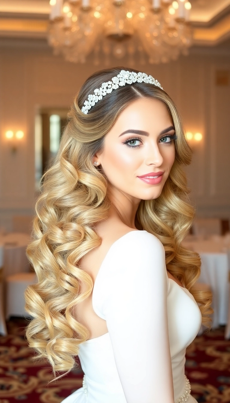 25 Romantic Wedding Hairstyles That Will Make Your Heart Melt (Especially #12!) - 11. Cascading Curls with Sparkling Headband