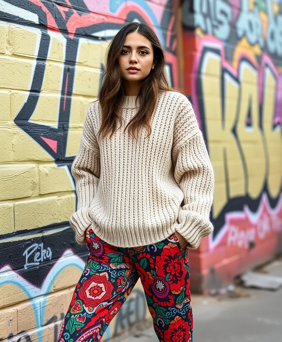 21 Casual New Year's Eve Outfits for a Chill Celebration (You'll Want to Wear #7!) - 12. Chunky Knit Sweater & Printed Pants