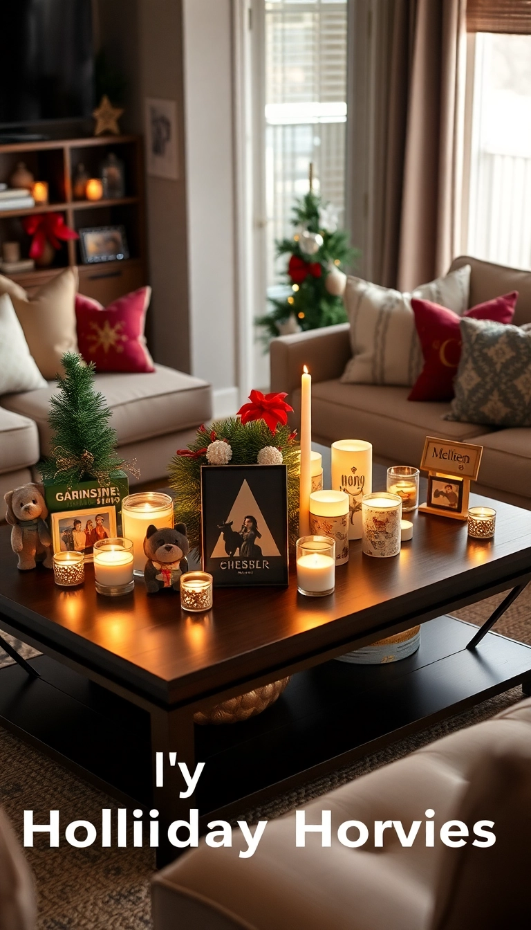 21 Christmas Coffee Table Decor Ideas That Will Have Your Guests Raving! - 21. Themed Holiday Movies Display