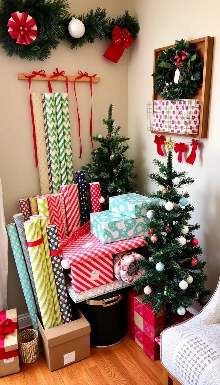 21 Stunning Small Apartment Christmas Decor Ideas That'll Make Your Space Merry and Bright! - 20. Decorative Gift Wrapping Station