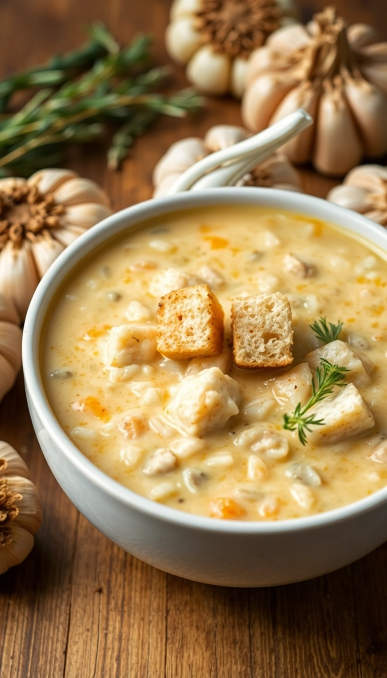 24 Creamy Chicken and Rice Soup Ideas You Need to Try Tonight! - 21. Creamy Chicken and Rice Soup with Roasted Garlic