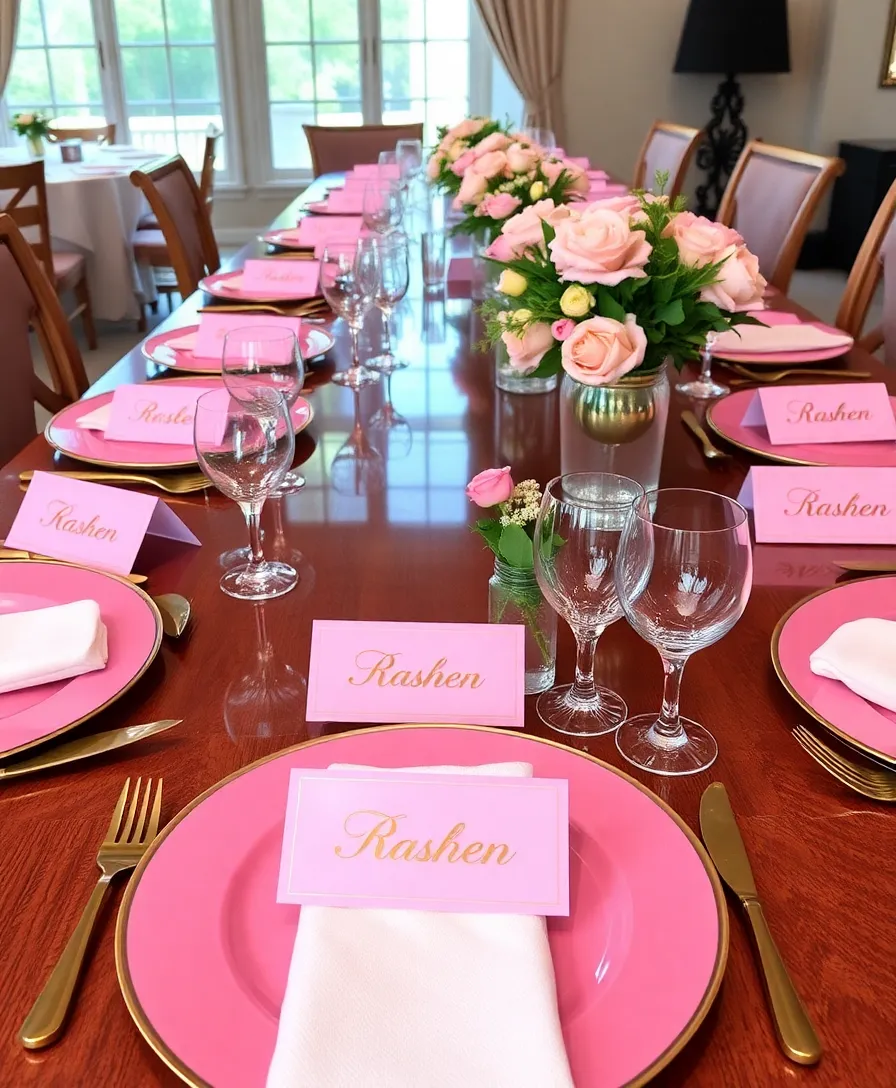 17 Unique Pink and Gold Tablescape Ideas That Will Leave Guests Speechless! - 4. Themed Dinner Party with Place Cards