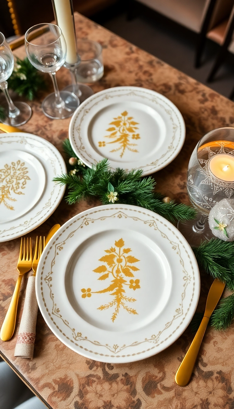 21 Creative DIY Christmas Place Setting Ideas That Will Wow Your Guests! - 10. Festive Stenciled Plates