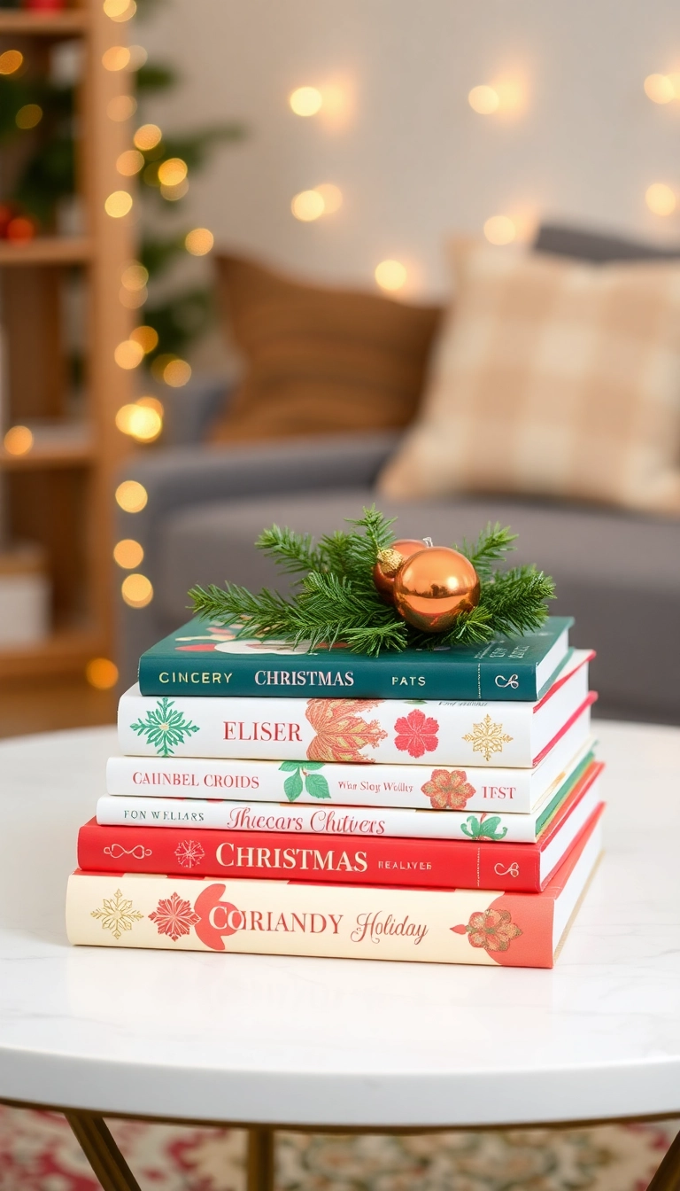 21 Christmas Coffee Table Decor Ideas That Will Have Your Guests Raving! - 5. Holiday-Themed Books Stack