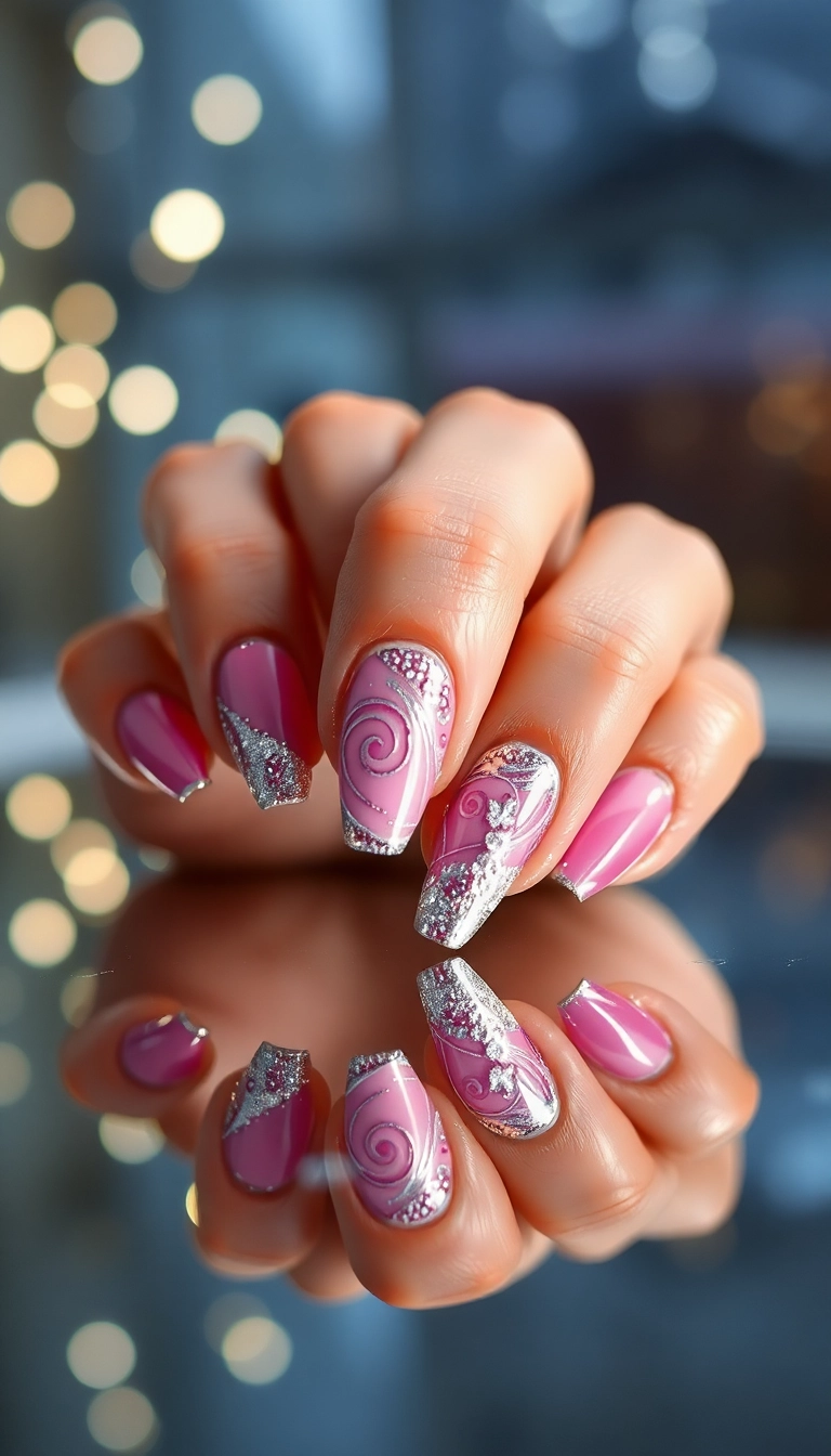 21 DIY Pink Winter Nails That Are So Easy, You'll Want to Try Them All (Don't Miss #8!) - 17. Pink and Silver Swirls