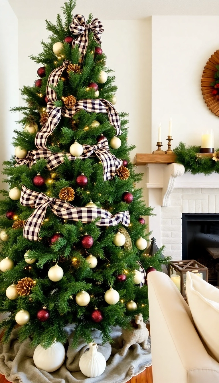 21 Cozy Farmhouse Christmas Tree Ideas That'll Make You Wish It Was Christmas Year-Round! - Plaid Ribbons for a Cozy Touch