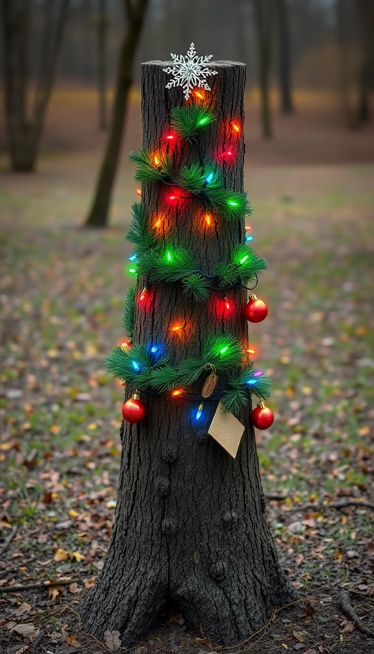 21 DIY Outdoor Christmas Decorations That'll Make Your Neighbors Jealous! - 20. Tree Trunk Christmas Tree