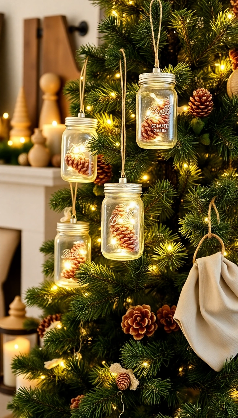 21 Cozy Farmhouse Christmas Tree Ideas That'll Make You Wish It Was Christmas Year-Round! - Mason Jar Ornaments