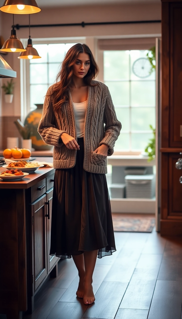 20 Thanksgiving Outfits That'll Make You the Star of the Dinner Table (You Won't Believe #11!) - 9. Cozy Cardigan and Midi Skirt