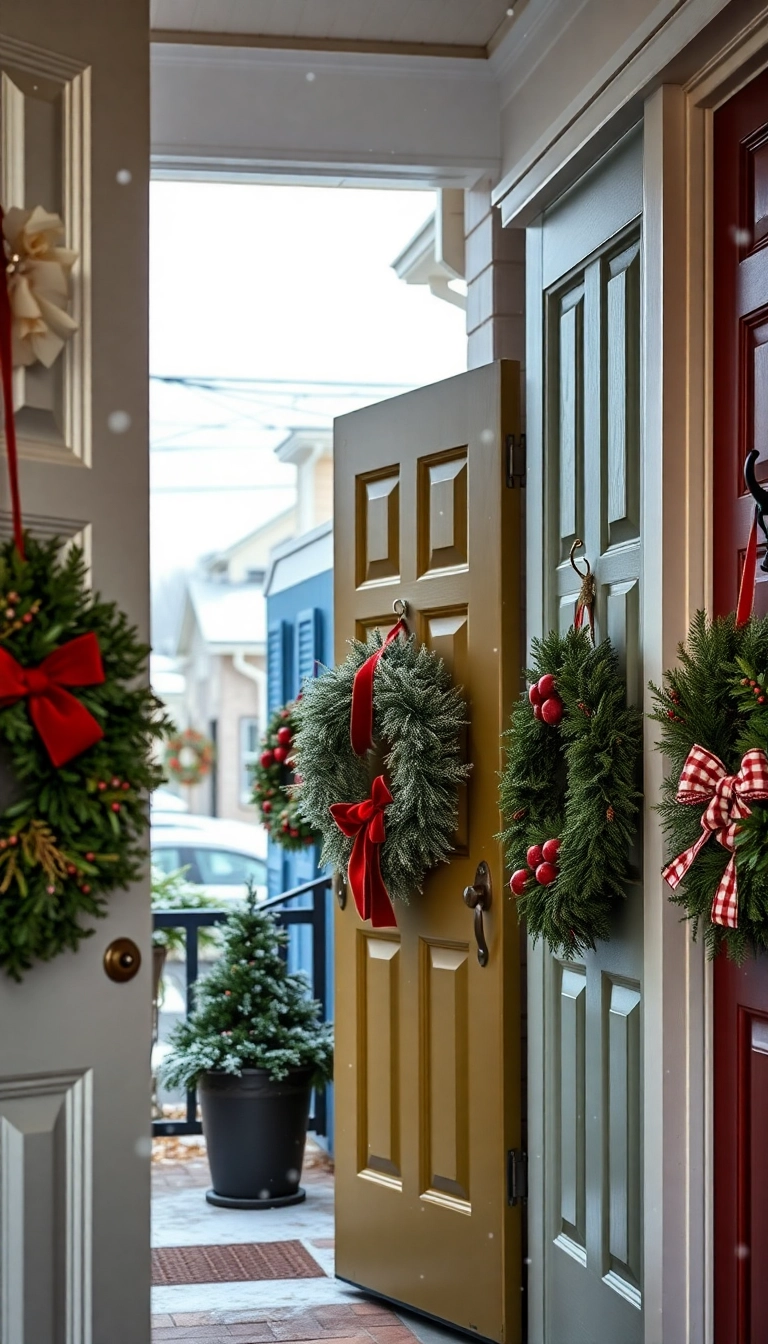 20 Jaw-Dropping Outdoor Christmas Decorations That'll Light Up Your Neighborhood! - 6. Festive Wreaths on Every Door