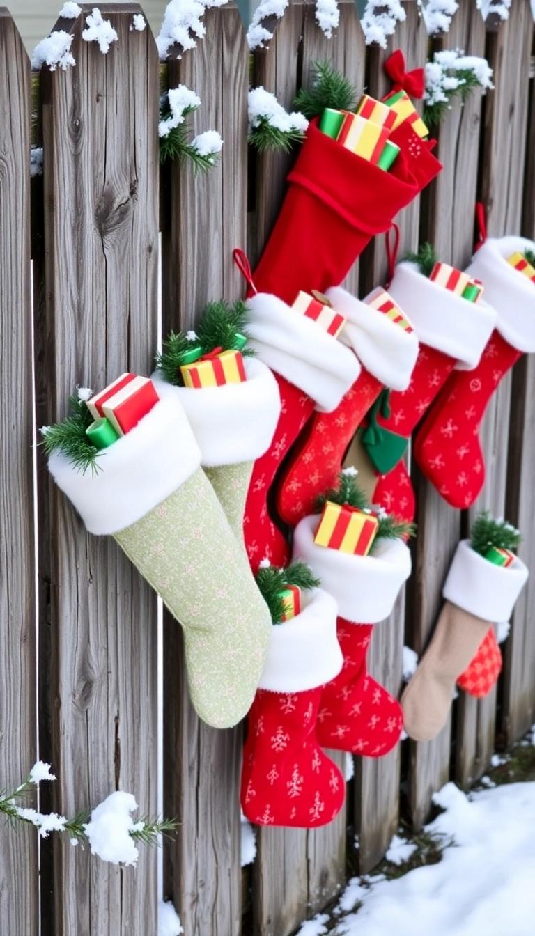 21 DIY Outdoor Christmas Decorations Ideas That Will Make Your Neighbors Jealous! - 8. Christmas Stockings on the Fence