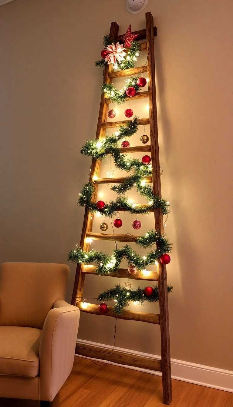 21 Wood Christmas Trees DIY That Will Light Up Your Holiday Spirit! - 21. Wooden Ladder Leaning Tree