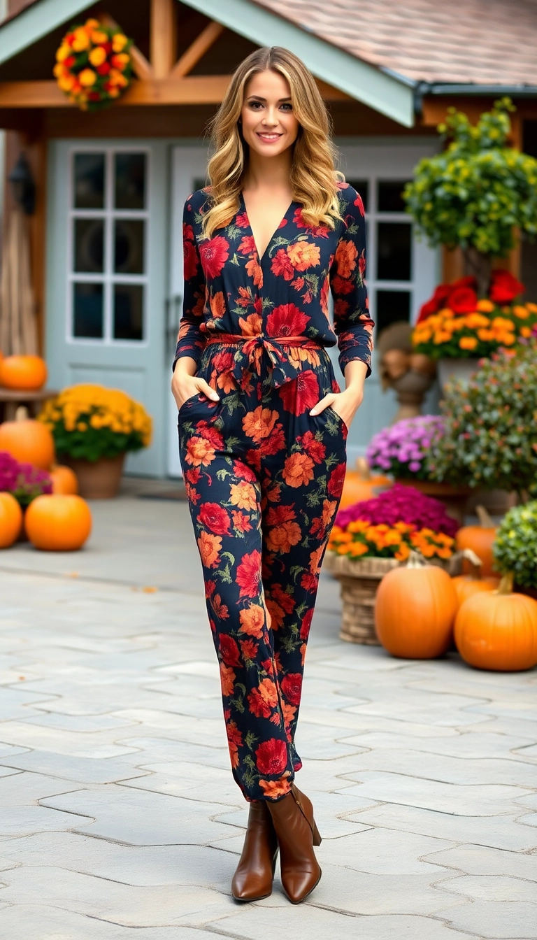 20 Trendy Thanksgiving Outfit Aesthetic Inspirations That Will Elevate Your Fall Wardrobe! - 5. Elegant Jumpsuit with Fall-Inspired Prints