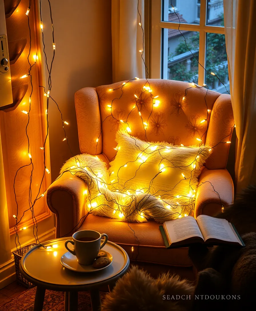 14 Cozy DIY Reading Nooks That Are Perfect for Book Lovers (You’ll Wish You Had #4!) - 5. The Cozy Corner with Fairy Lights