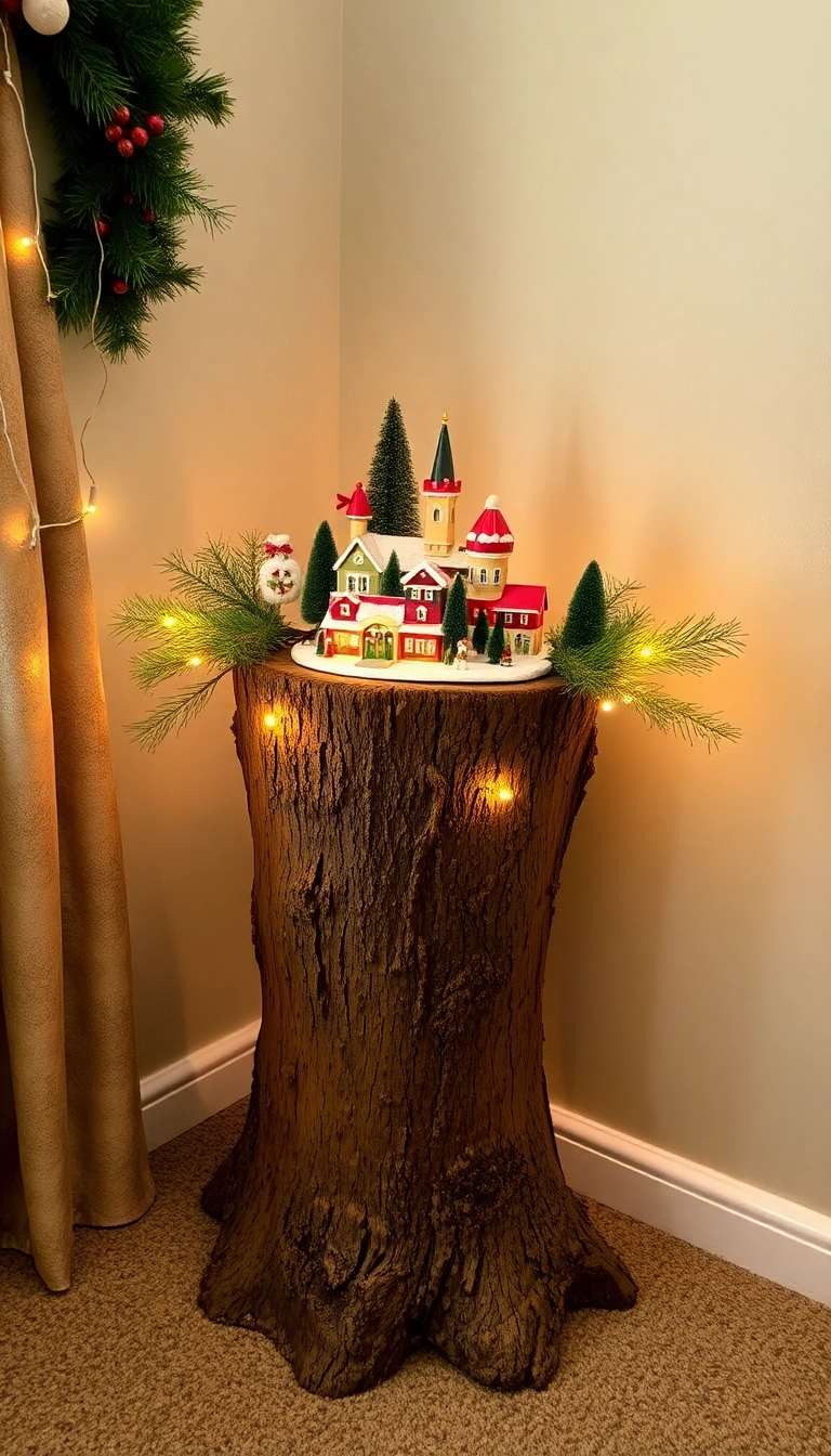 21 Stunning Christmas Village Display Platform Ideas You Must Try This Holiday Season! - 21. Tree Stump