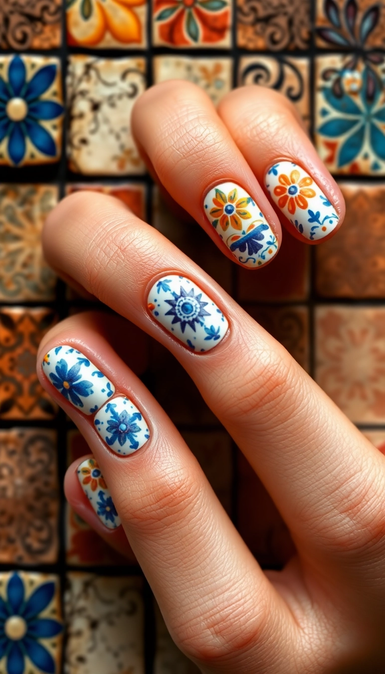 25 Mexican Style Nail Designs That Will Make You the Star of Every Fiesta! - 2. Talavera Tiles